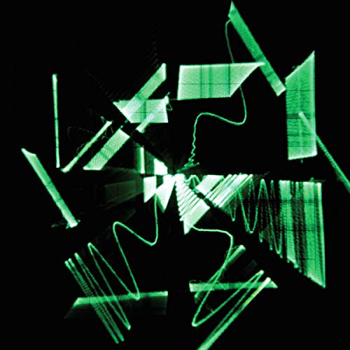 Green geometric shapes and wavy lines glow against a solid black background.