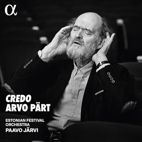 Black and white portrait of Arvo Pärt, composer, with "Credo" text.