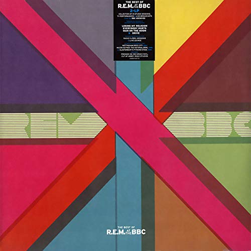 R.E.M. album cover: colorful geometric design with band logo and text.