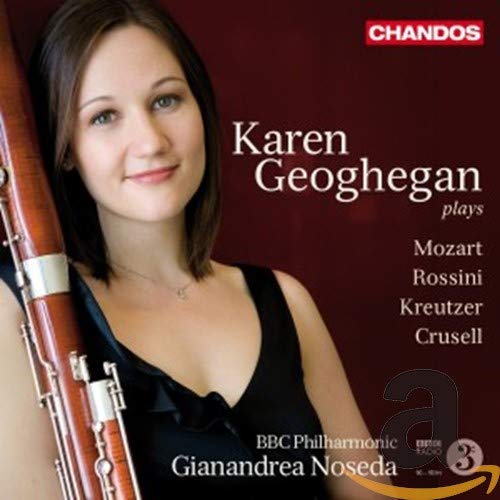 CD cover featuring bassoonist Karen Geoghegan and a wooden bassoon.