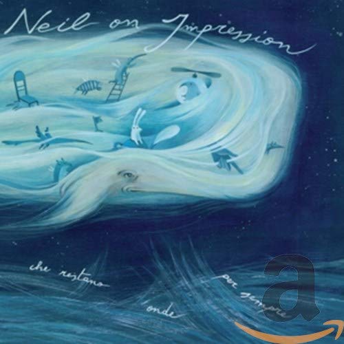 CD cover with swirling blue waves and floating objects like chairs and planes.