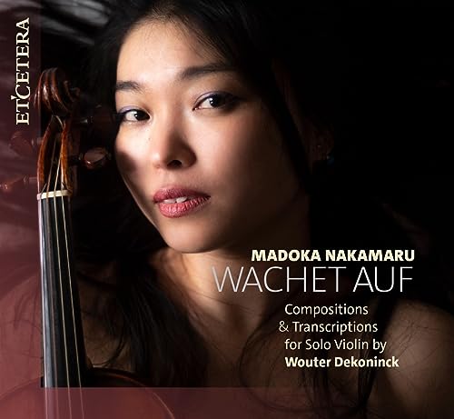 Close-up of violinist Madoka Nakamaru with violin and album title.