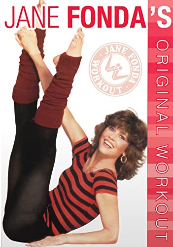 Jane Fonda in leg warmers and leotard, promoting her original workout DVD.