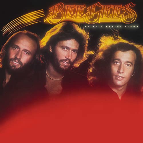 Bee Gees album cover: three men with long hair on a red background.