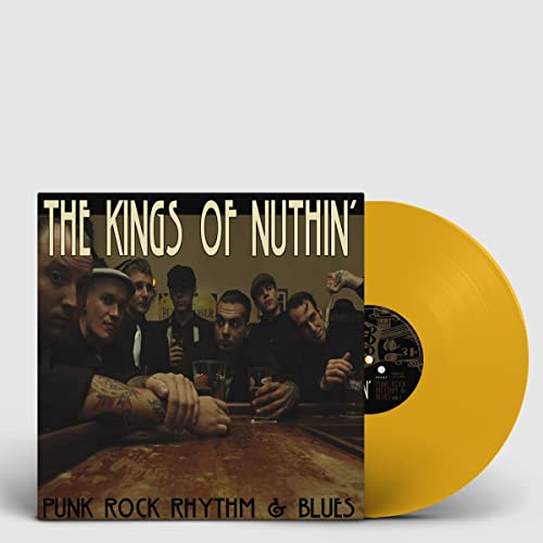 Vinyl record with yellow disc and album cover featuring a group of men.