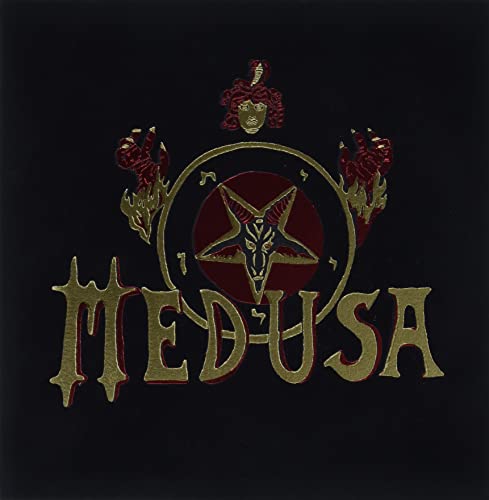 Gold Medusa logo and pentagram with goat head on a black background.