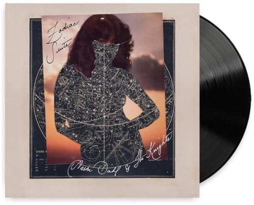 Vinyl record and album cover featuring a woman overlaid with constellations.