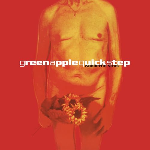 Album cover: Torso with sunflowers, red background, text “greenapplequickstep wonderful virus”.