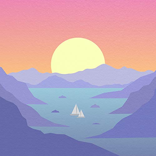 Stylized sunset over water with sailboats and layered mountains.