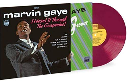 Marvin Gaye album cover and red vinyl record with yellow label.