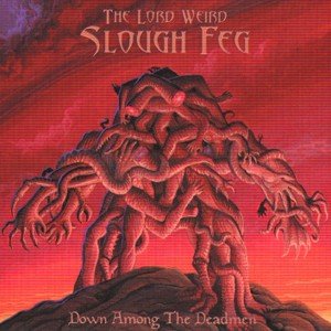 A monstrous creature made of tangled limbs stands against a red sunset sky.