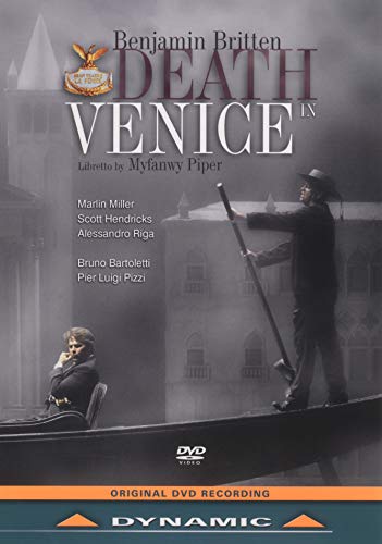 DVD cover for "Death in Venice" opera featuring figures in Venice.