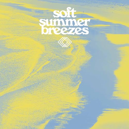 Vinyl record cover with abstract yellow and blue wave design, text “soft summer breezes”.