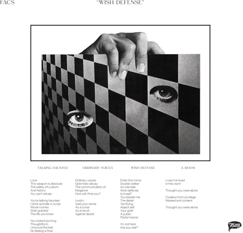 Black and white album cover with eyes and a hand on a checkered floor.