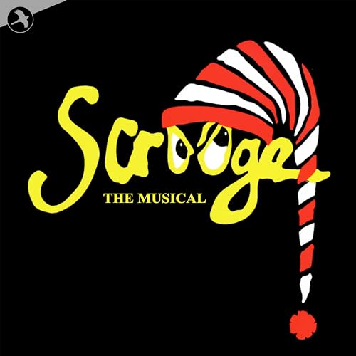 “Scrooge The Musical” CD cover with stylized yellow lettering and a Santa hat.