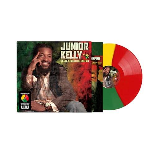 Vinyl record of Junior Kelly’s “Rasta Should Be Deeper” with red, yellow, green colors.