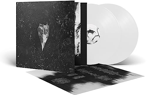 White vinyl record with black and white album cover and insert.