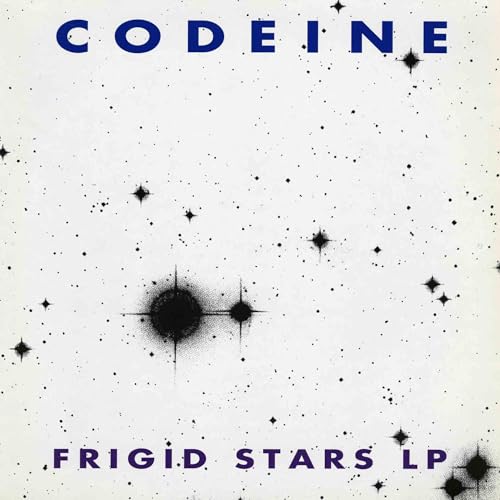 Album cover showing black stars on a white background with blue text Codeine Frigid Stars.