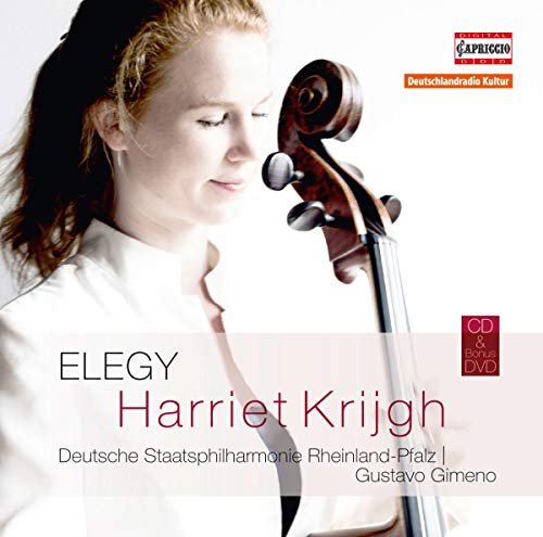 Cellist Harriet Krijgh with her instrument, album cover for "Elegy.