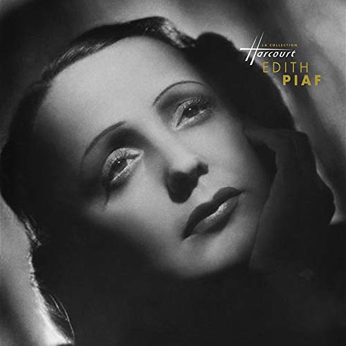 Black and white portrait of Edith Piaf on vinyl record cover.