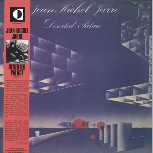 Jean-Michel Jarre’s “Deserted Palace” vinyl record cover, geometric shapes, purple hues.