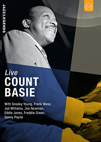 Count Basie portrait on DVD cover, with piano keys and text "Live.