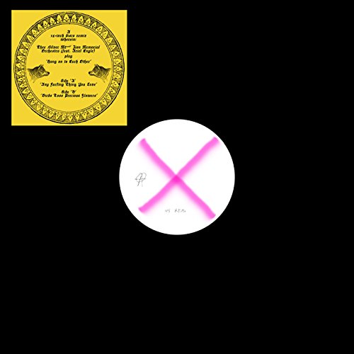 Vinyl record with yellow cover and pink cross design on label.