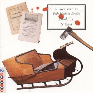 CD cover with vintage images: axe, sled, papers, and red splatters.