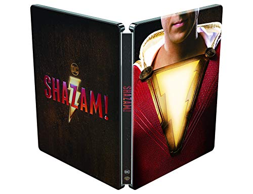 Open "Shazam!" Blu-ray case with red and gold superhero imagery.