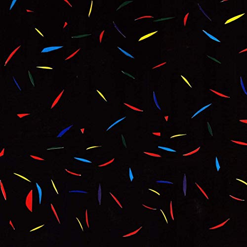 Black background with scattered, colorful, abstract shapes resembling confetti.