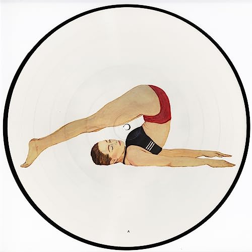 Circular vinyl record with illustration of a woman in a backbend pose.