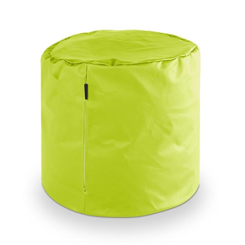 Bright green, round pouf or beanbag chair on a white background.