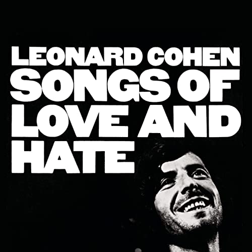 Leonard Cohen album cover: black and white portrait with bold text.