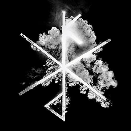A white geometric symbol overlaid on a cloud of smoke against a black background.