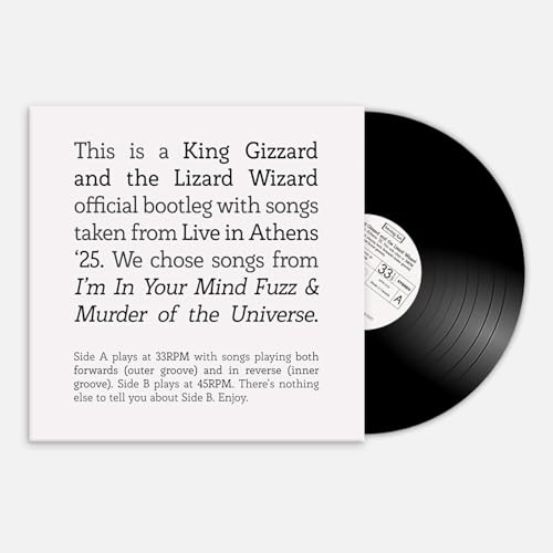 King Gizzard vinyl record with white sleeve and text description.