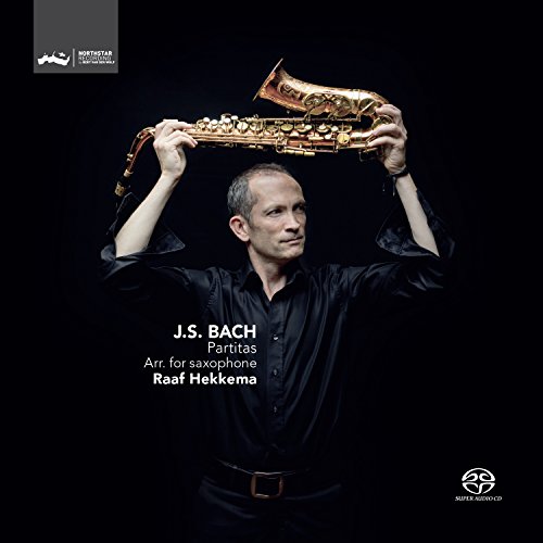 Saxophonist Raaf Hekkema holding an instrument, album cover for Bach Partitas.
