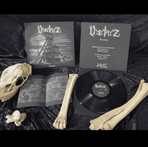 Black vinyl record with album artwork featuring a skeletal tower and bones.