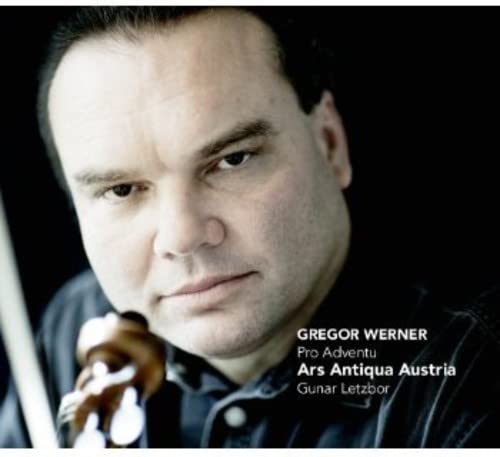 Portrait of a man holding a violin, album cover for "Pro Adventu.