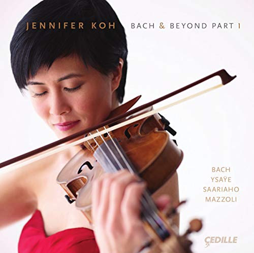 Violinist Jennifer Koh on CD cover, playing a brown wooden violin.