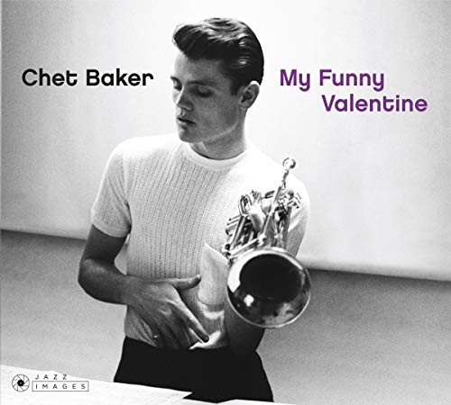 Black and white portrait of Chet Baker with trumpet, album cover.