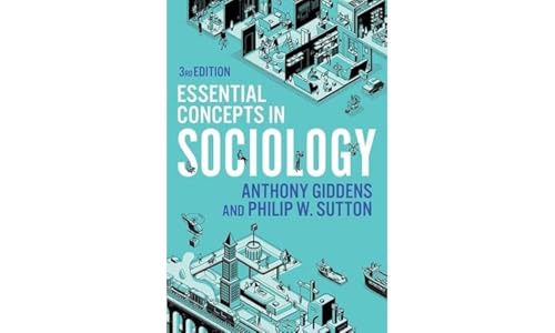 Book cover for Essential Concepts in Sociology with blue background and isometric city illustrations.