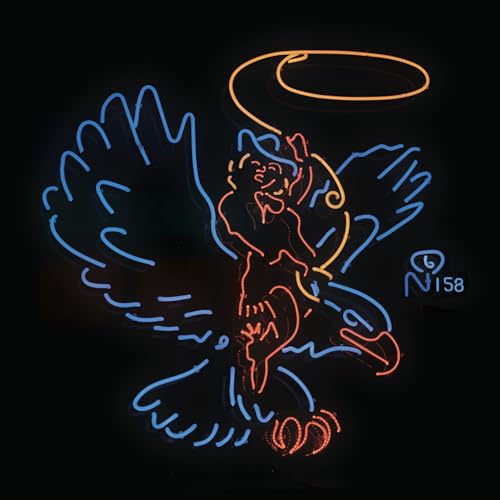 Neon illustration of a winged figure with a halo against black.
