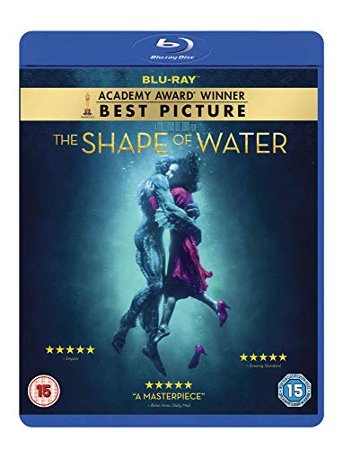 The Shape of Water" Blu-ray cover featuring a couple embracing underwater.