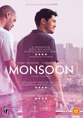 DVD cover for "Monsoon" featuring two men looking at a city skyline.