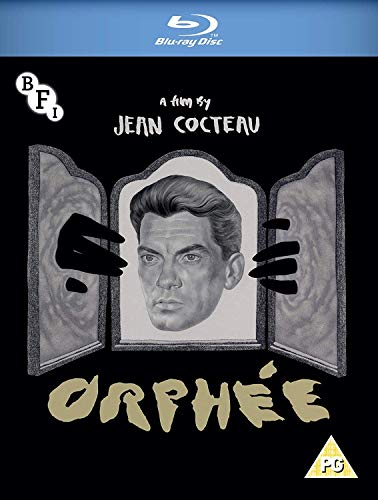 Blu-ray cover for “Orphée” featuring a man’s face framed by mirrored doorways.