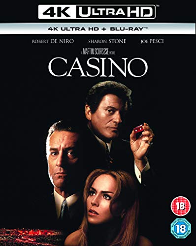 “Casino” 4K UHD Blu-ray cover featuring Robert De Niro, Sharon Stone, and Joe Pesci.