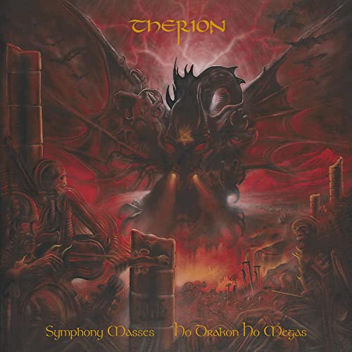 Album cover: dragon with wings, figures, and fiery, ruined landscape.