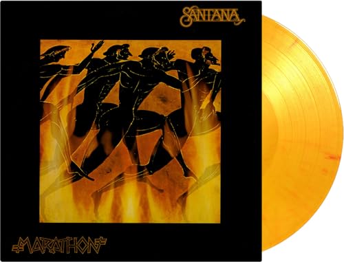 Santanaās āMarathonā album cover with figures, and a yellow vinyl record.