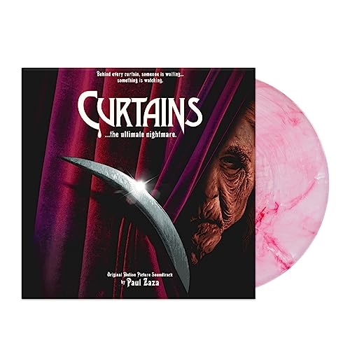 “Curtains” soundtrack vinyl record with a scary face and sickle image.