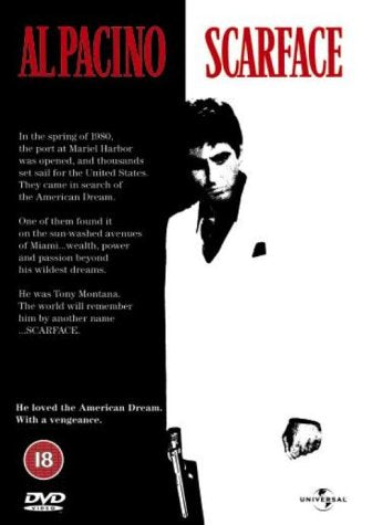 DVD back cover for Scarface featuring Al Pacino, plot summary, and an 18 rating.